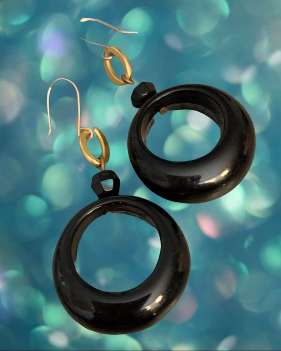 Mid Century Black Hoop Dangles, Stylish Modernist Disco Statement Earrings, Trendy Asymmetric Hoops!