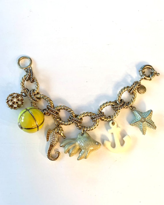 Vintage J Crew Charm Bracelet, Glitzy Resort & Summer Jewelry, Chunky Charm Bracelet with yellow and cream enamel nautical favorites