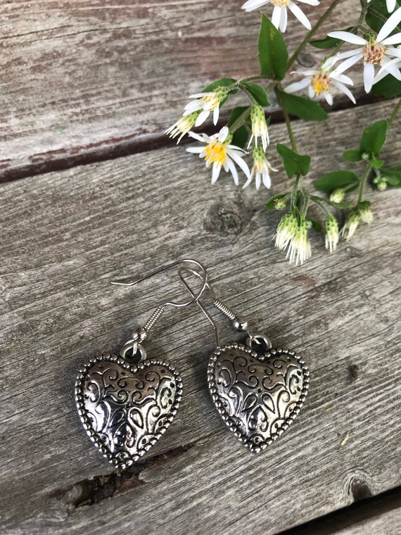 Antiqued Silver tone with Scrollwork Pretty Bohemian Heart Dangle Earrings, sweet romantic Valentines Day Gift