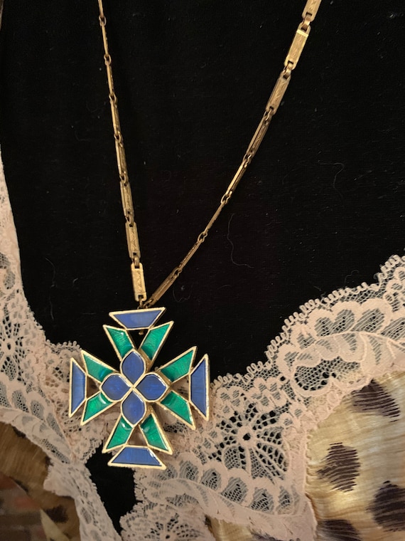 Gothic Blue & Green Enamel Maltese Cross Pendant Necklace, Beautiful Art Deco Chain, Signed Designer Vintage Florenza