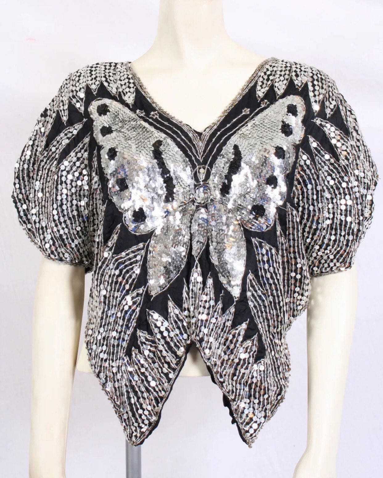 Vintage Sequined Butterfly Shirt Top Disco Party Bat Wing Tunic size s/m