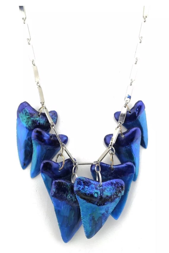 Feirce Metalic Blue Foiled Shark Tooth Unisex Designer Runway Necklace