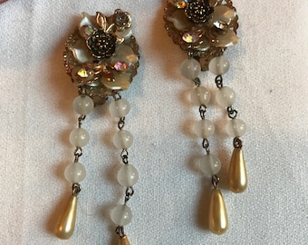 Vintage Miriam Haskell Style Chandelier Dangles, Filigree Beaded Faux Pearl & Crystal Rhinestone Flower Statement Earrings