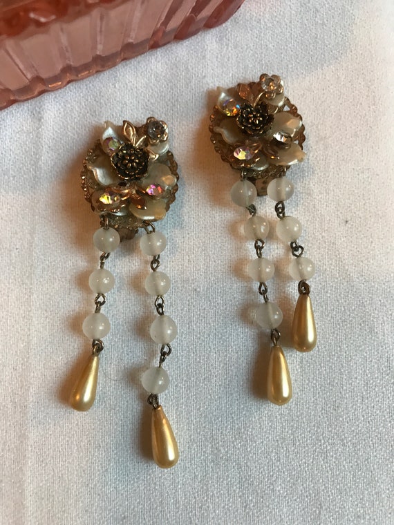 Vintage Haskell Style Filigree Beaded Faux Pearl & Rhinestone Flower Dangle Statement Earrings