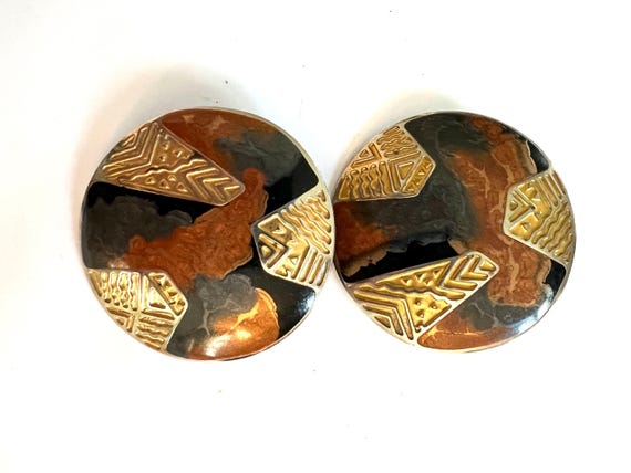 1970s Vintage Abstract Enamel Oversized Earrings: Bronzy Brown and Gold Tribal New Wave Design
