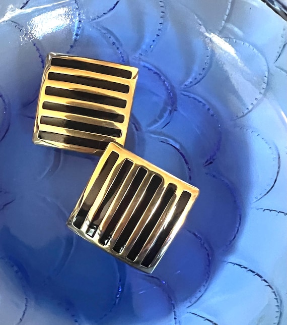 Trafari Black and Gold Striped Statement Earrings, Awesome 80s Bold Glamour Jewelry, Clip Ons, Collectible Vintage, Disco Era Estate Find