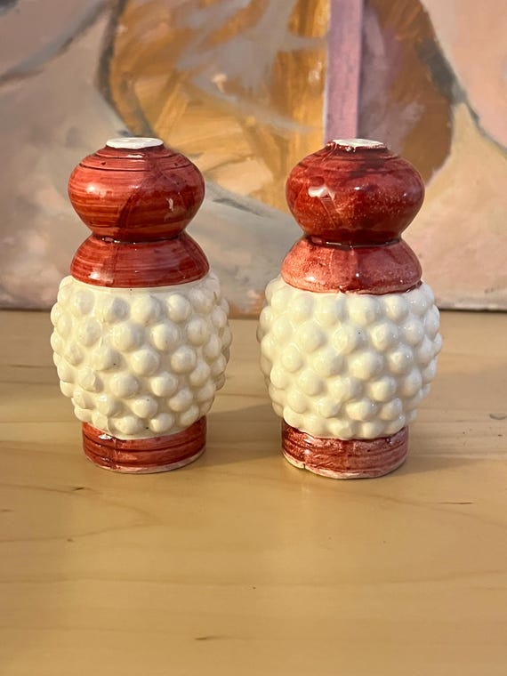 Vintage Red & White Hobnail Ceramic Salt and Pepper Shakers made in Japan