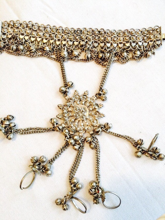 Extraordinary Vintage 1970's Dorsal belly dancer slave bracelet with 5 rings hearts & birds