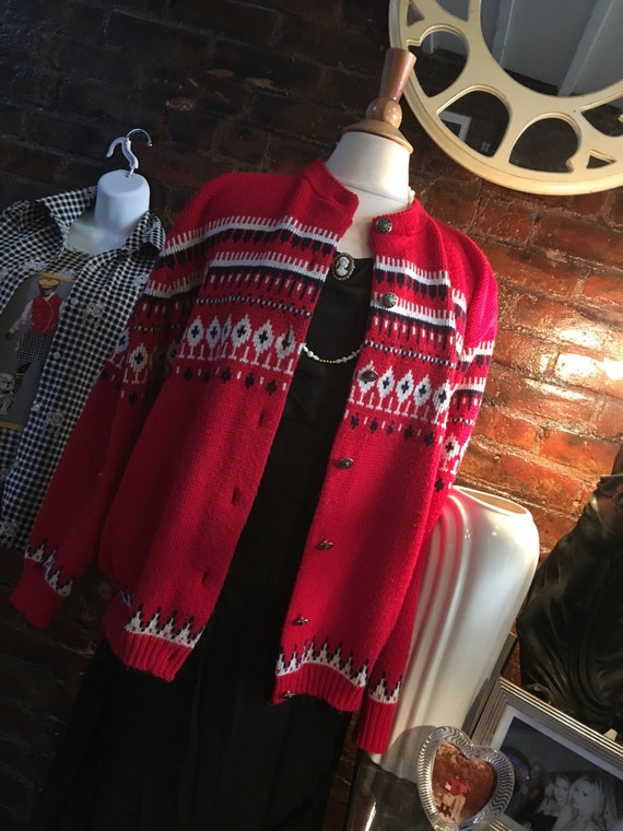 Vintage Red Nordic Cardigan by Amana Woolen Mill of Iowa USA Acrylic Sweater size 42 M/L