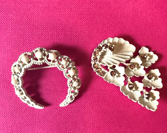 Shabby Chic Brooch Pins: Painted White Metal with Rhinestones