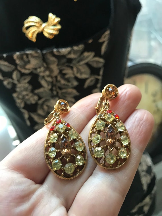 Mid Century Gothic Revival Openwork Rhinestone Teardrop Dangles, 50s costume Jewelry, Juliana RootBeer, Citrine & Fire Bird Red Crystal Gems