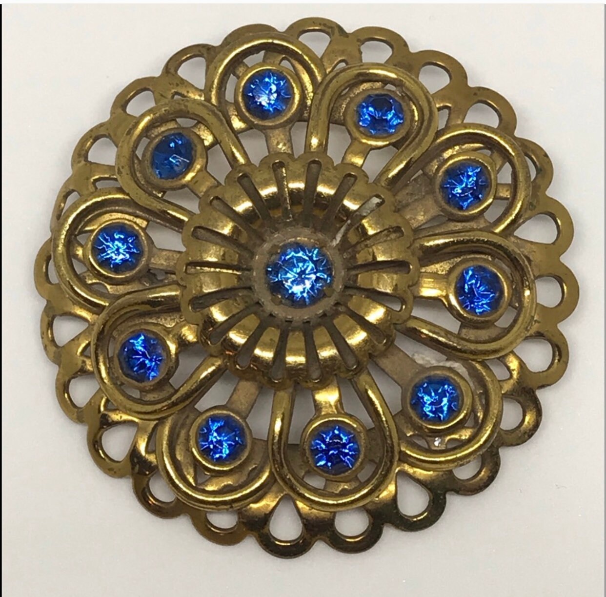 Art Nouveau Royal Cobalt Blue Brassy Golden Floral Brooch | Etsy