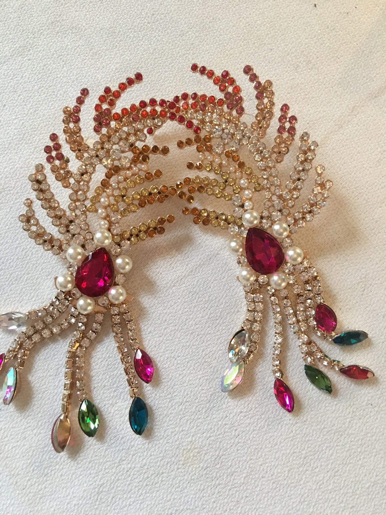 HUGE Colorful Rhinestone Feather Fringe Statement Earrings