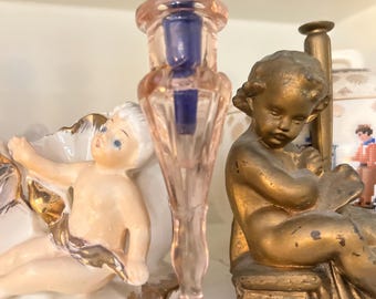 A Pink Glass Vanity Bottle with Cobalt Blue Stopper