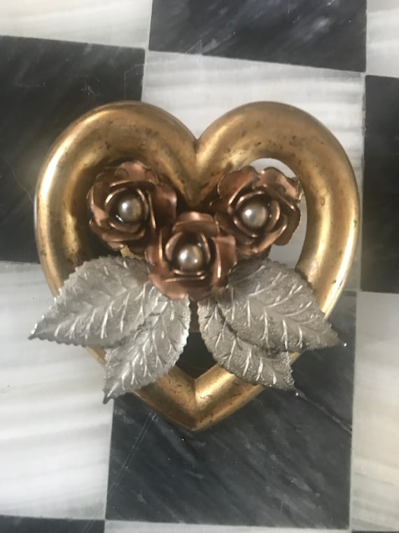 Vintage Golden Heart Brooch Flowers Silver Leaves & Pearls , Romantic Wreath heart Pin, Romantic Shabby Chic Valentines Day Gift