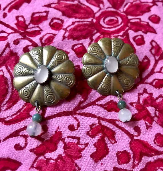 Beautiful Vintage Tribal Bronze Floral Earrings  with Jade Dangle Accents