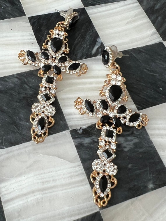 Gothic Cross Dangles, Ice & Black Rhinestone with Ornate Gold Filigree, Y2K  Runway Glamour Jewelry, Statement Earrings