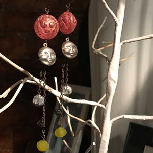 Celestial moon face dusty rose victorian Revival globe & crystal beads Chandelier Statement Earrings, Magical dangles