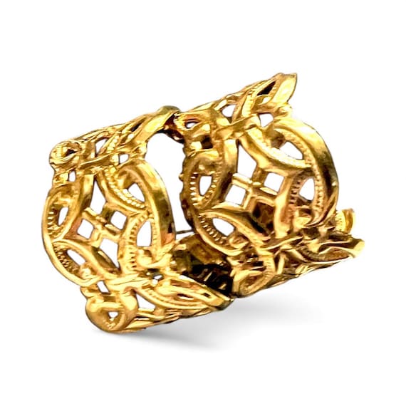 Vintage Golden Ornate Openwork Hoop Earrings, Mid Century Gothic Romantic Revival