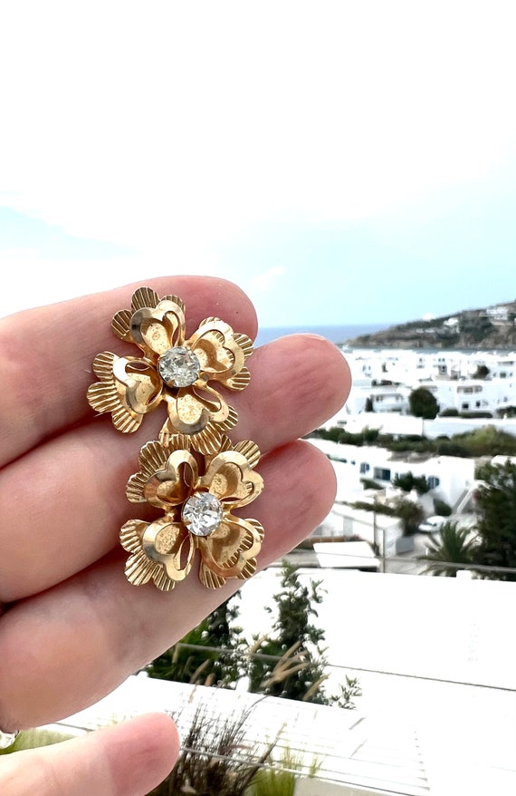 Antique Art Deco Golden Flower Screw Earrings wit… - image 8