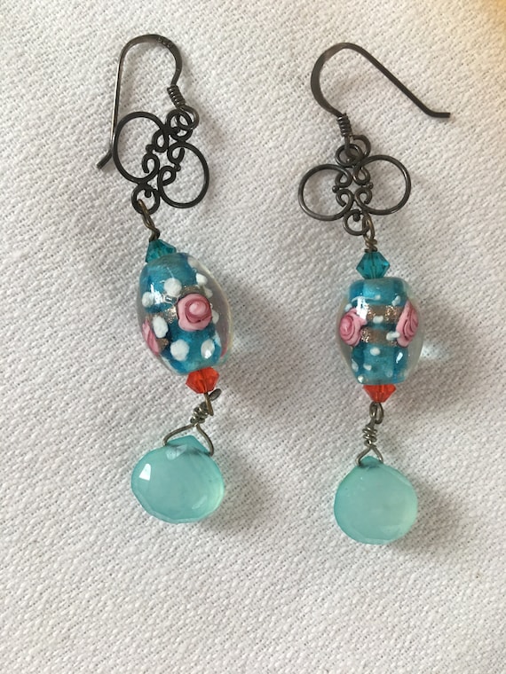 Aqua Art Glass Beaded Silver Filigree Earrings, Boho Gypsy Vintage Artisan 925 Sterling Dangles, Something Blue