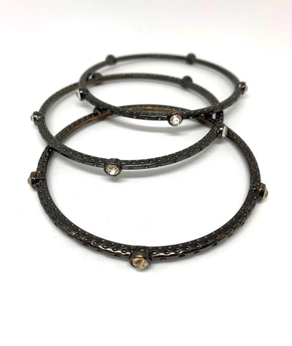 A Trio of Gunmetal & Rhinestone Gothic Bangles, Material Girl 90s Glamour Jewelry, video babe glamour grunge Bling!