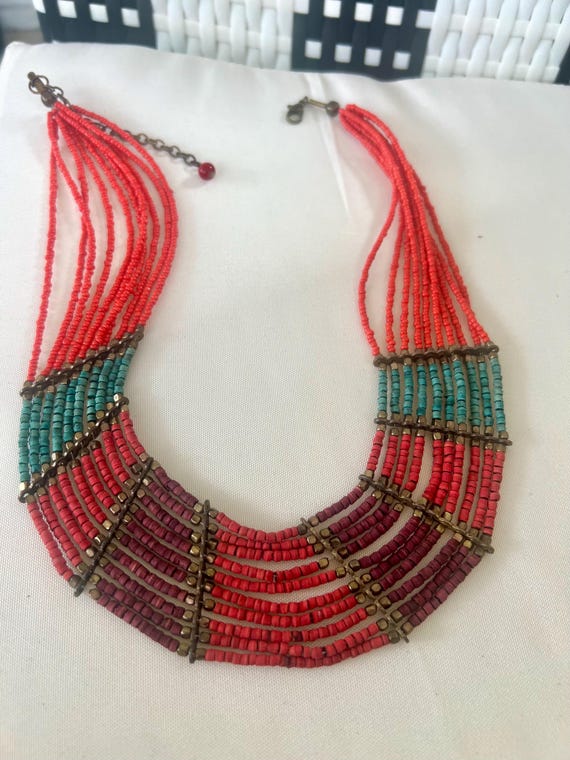 Vintage Boho Tribal Beaded Choker Statement Necklace in shades of coral orange and blue greens, Summer Festival Vacation Ready