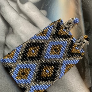 Baby Blue Seed Bead Tribal Cuff, Handmade Chevron Beaded Unisex Vintage Bracelet