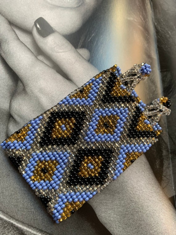 Baby Blue Seed Bead Tribal Cuff, Handmade Chevron Beaded Unisex Vintage Bracelet