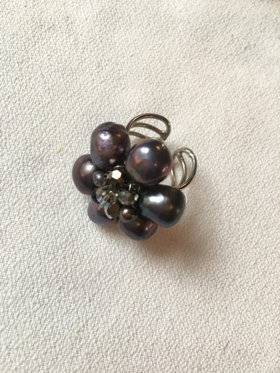 Vintage Black Water Pearl Cluster Bead Floral Adj… - image 3