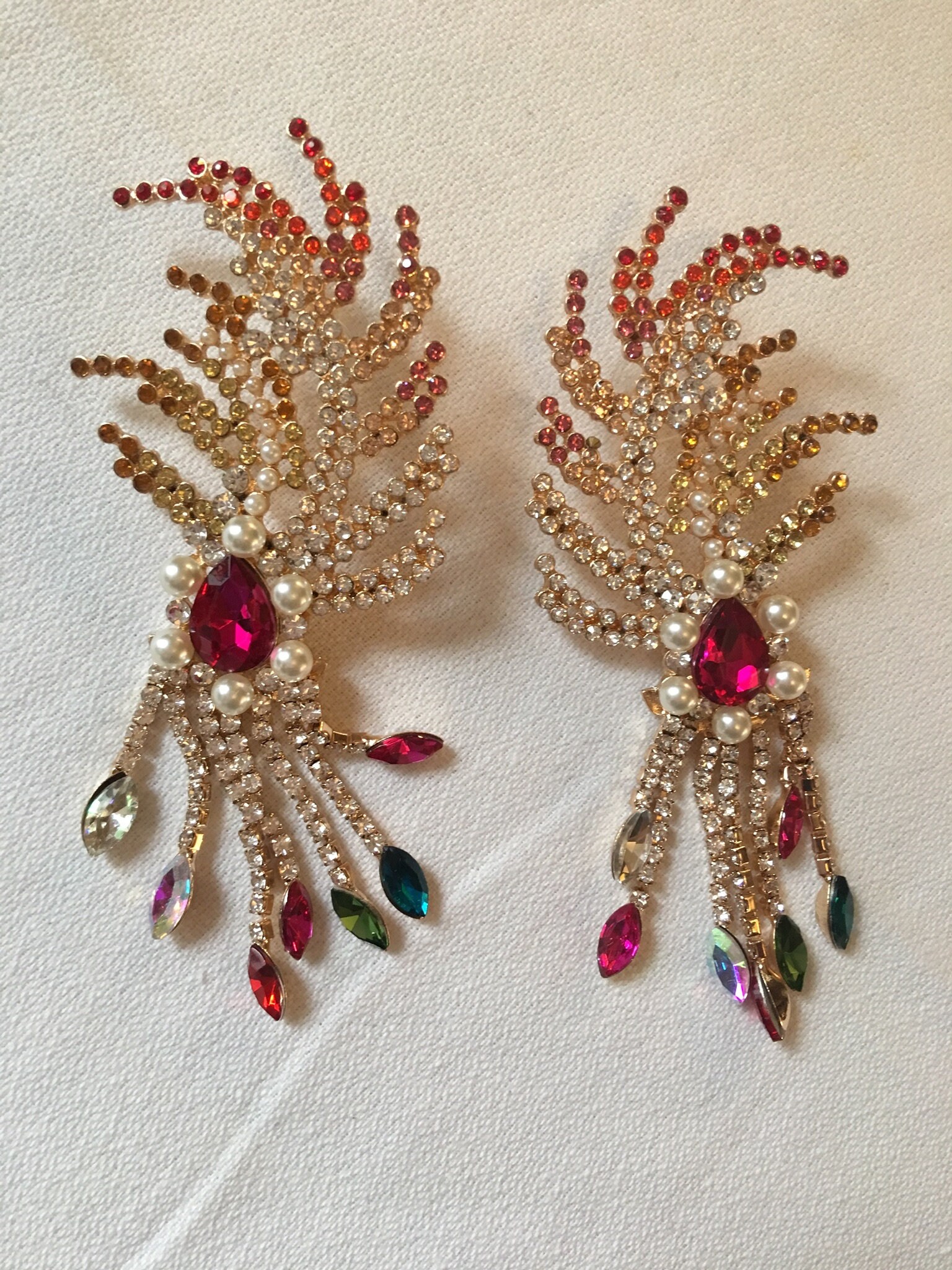 HUGE Colorful Rhinestone Feather Fringe Statement Earrings