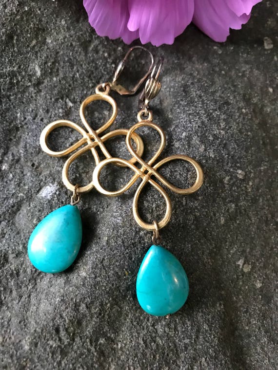 Turquoise Blue Green Stone dangles, Matte Goldtone Celtic Type Knots with nice safety backs, Boho Statement Earrings