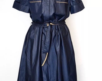 Sensational Mint condition 80's Vintage Sasson Shiny Navy Blue belted Short Sleeved Dress size 10