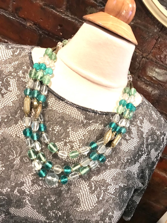 Art Deco Triple Strand Vintage Beaded Necklace in Sea foam Greens & starkling Clear Crystal with Golden Etched Deco Accent beads