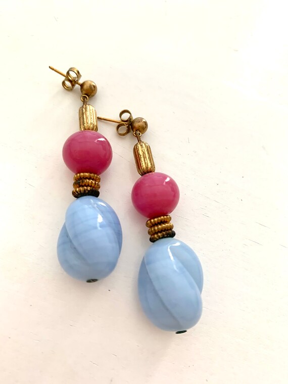 Raspberry and Sky Blue Earrings, Antique European French Art Glass Dangles with Ornate Modern Brass Spacers, Baroque Style Jewelry