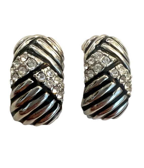 80s Glam Rhinestone Demi Hoops, Black and Silver  tone Art Deco Revival Clip Ons, High End Statement Earrings