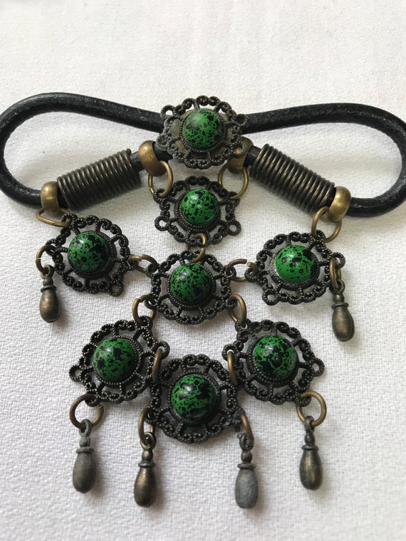 Awesome 80s Oversized Emerald Green And Black Dangle Chandelier Pin, Boho Gypsy Military Statement Brooch, Trending Unisex Lapel Pin