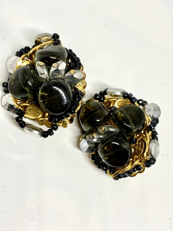 Abstract Mid Century Cluster Bead Statement Earrings, Smoky Black Art Glass & Modernist Gold Chain Clip ons