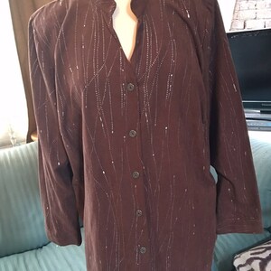Vintage Erin London ultra suede long shirt, brown with silver Splatter 80s New Wave Oversized Blouse, Zoom Party Outfit image 9