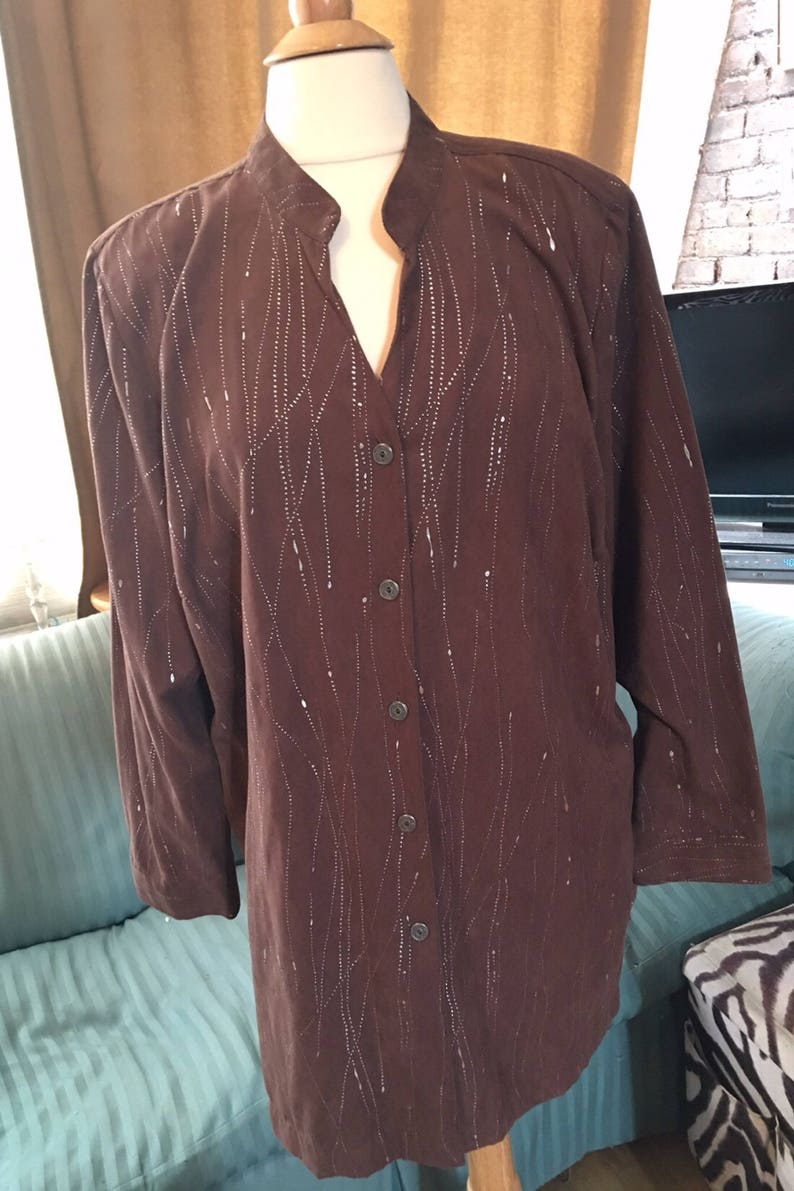 Vintage Erin London ultra suede long shirt, brown with silver Splatter 80s New Wave Oversized Blouse, Zoom Party Outfit image 9