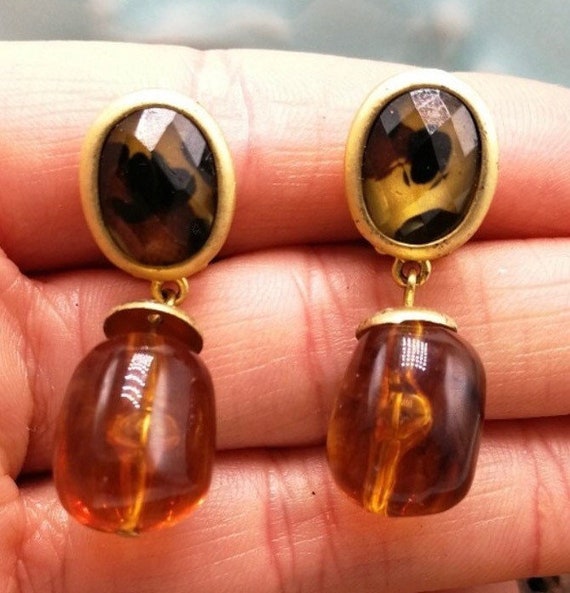 Leopard Cheetah Gem & Amber Glass Statement Earrings , Sexy Wild Cat Cougar Cocktail Jewelry