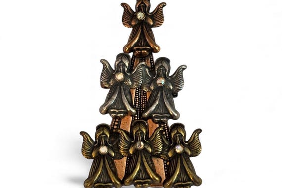 Angel Choir Christmas Tree Pin, Vintage Mixed Metal Holiday Brooch, Rhinestone Guardian Angels