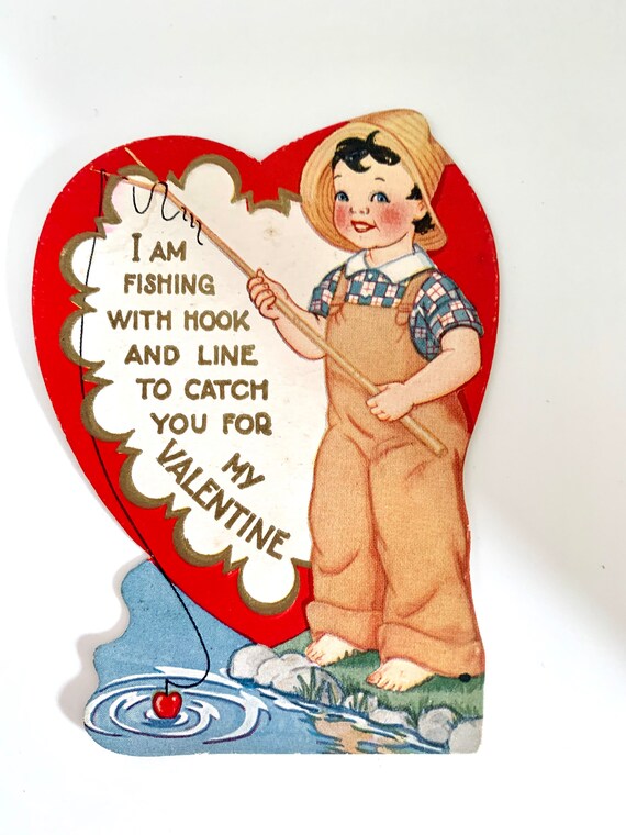 Antique 1930s Fishing to catch you Valentine, Vintage Valentines Day Card, adorable little boy fishing pole, Holiday scrapbook, made in USA