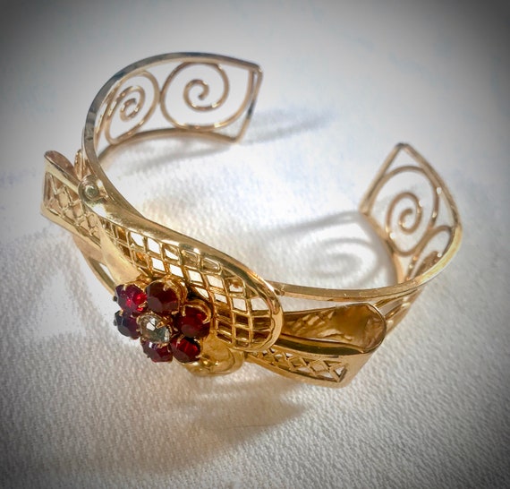 Harry Iskin Cuff Bracelet, Goldtone Art Deco Open Work with Red prong Set Gem Flower Center Signed Vintage Jewelry Bracelet