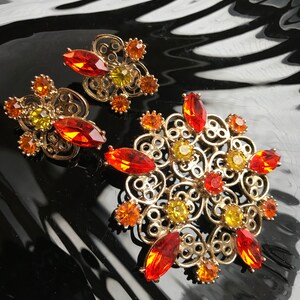 EMMONS Orange & Yellow Rhinestone Brooch and Earrings Set, Brighten Your Days with Colorful Resort Jewelry! Cool gift! Designer Lapel Pin