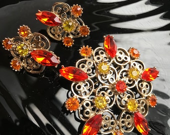 Vintage EMMONS Rhinestone Brooch and Earrings Set, Orange Yellow Gold Tone