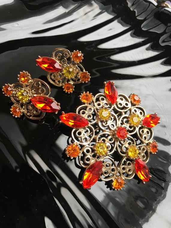 EMMONS Orange & Yellow Rhinestone Brooch and Earri