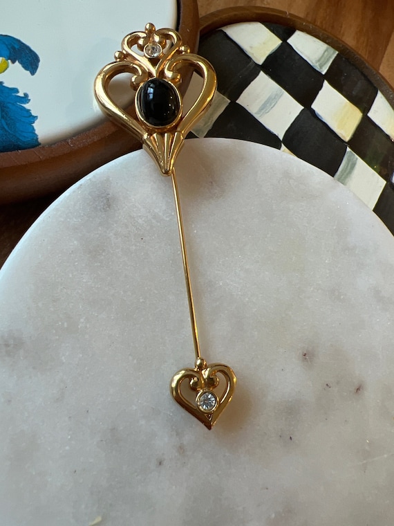 Elegant Black and Gold Stick Pin, Vintage 80s Statement Jewelry, Oversized Hat Pin, Unisex Lapel Pin, Scarf Pin, On trend Mothers Day Gift