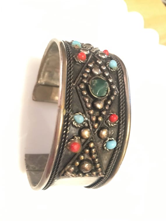 Vintage Boho Silvertone Cuff Bracelet: Green Stone & Gem Beads