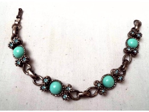 Vintage Estate Sterling Silver 925 teal Rhinestone & turquoise colored beads linked Bracelet